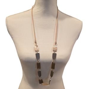 Chico's Necklace Chicos Link Gold Tone Geometric Beige Cord Textile 36" Long
